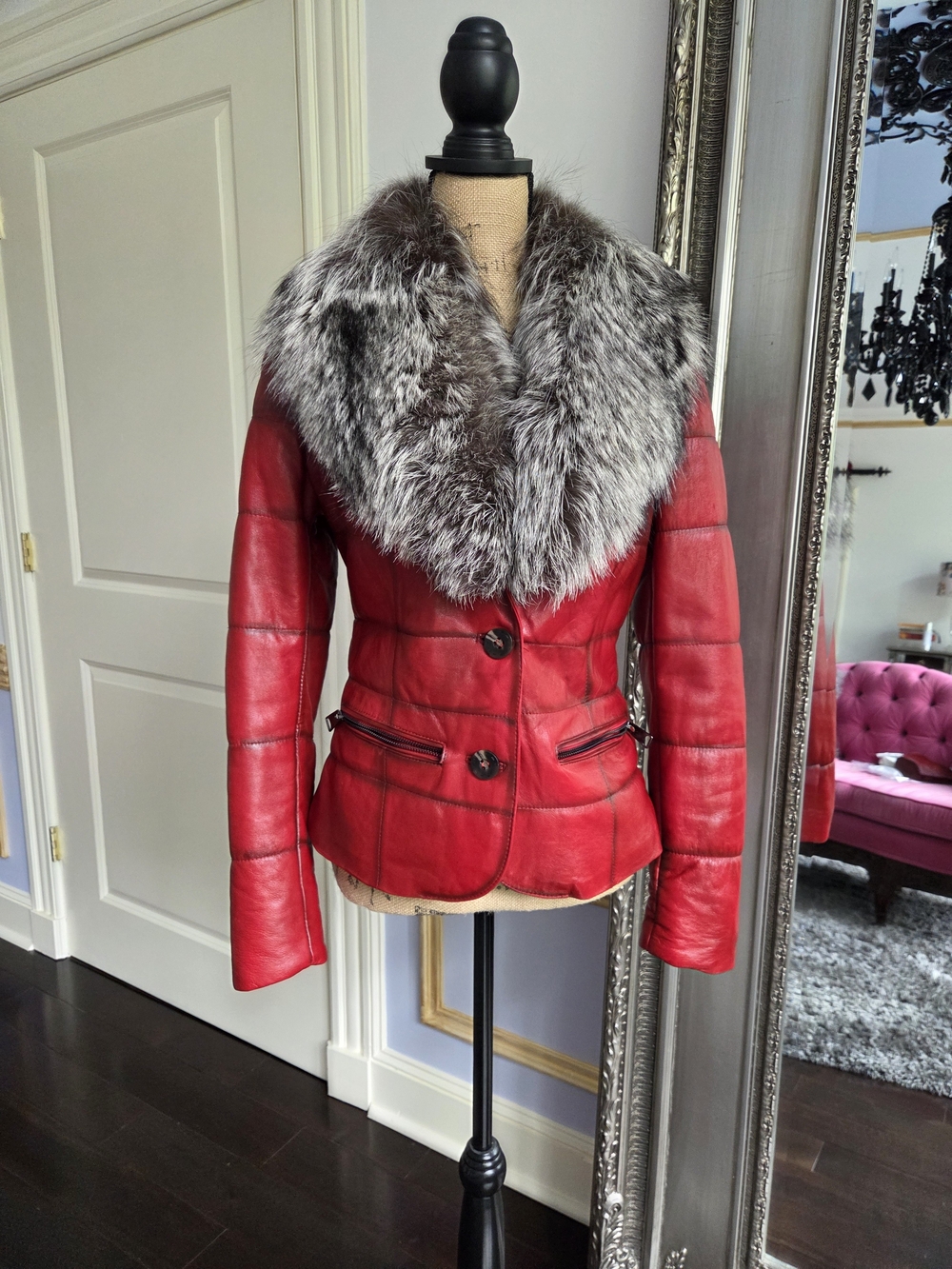 Elif Red Leather Jacket with Gray Fox Fur Collar M